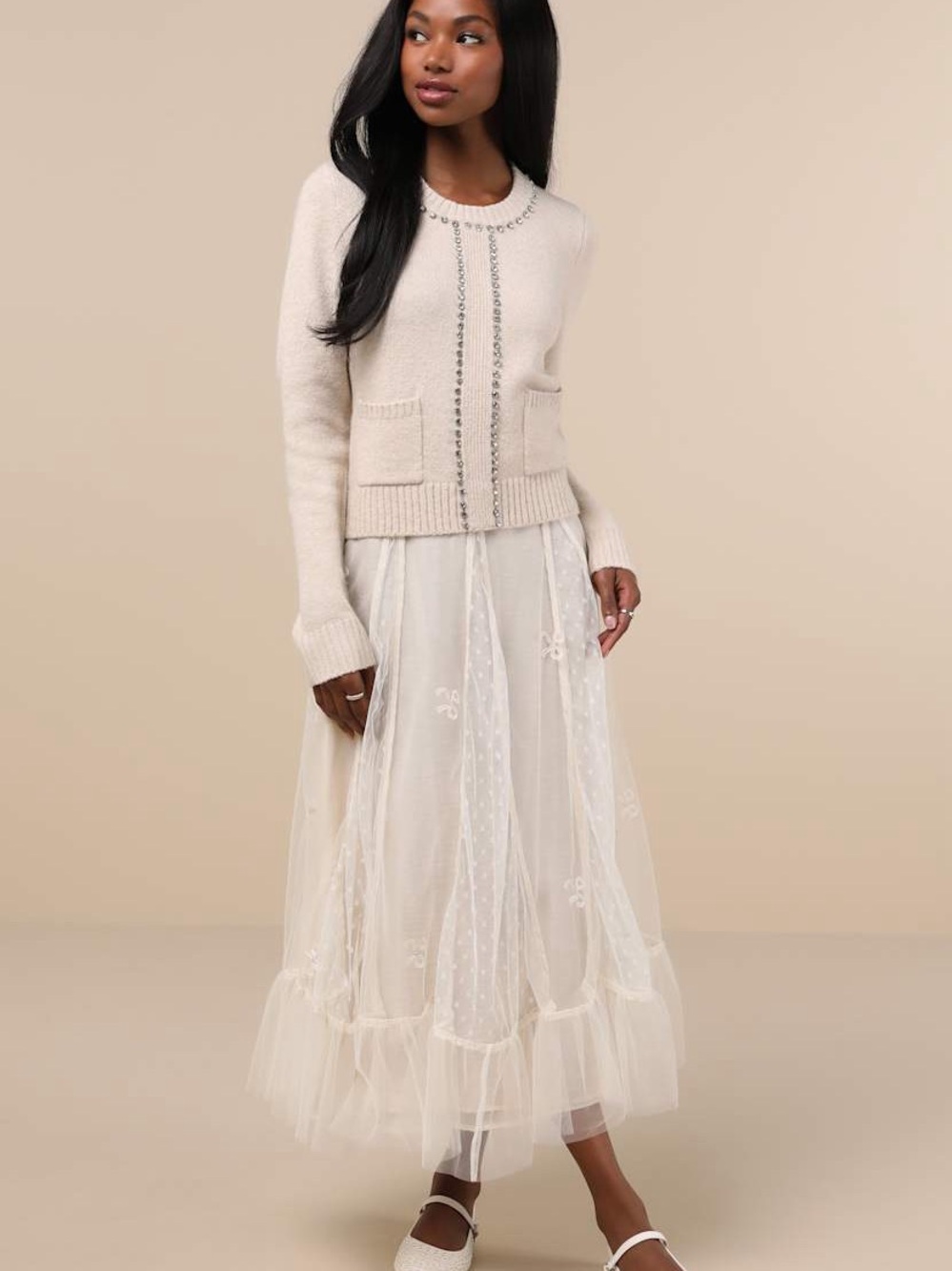 Sparkling Appeal Heather Cream Rhinestone Sweater